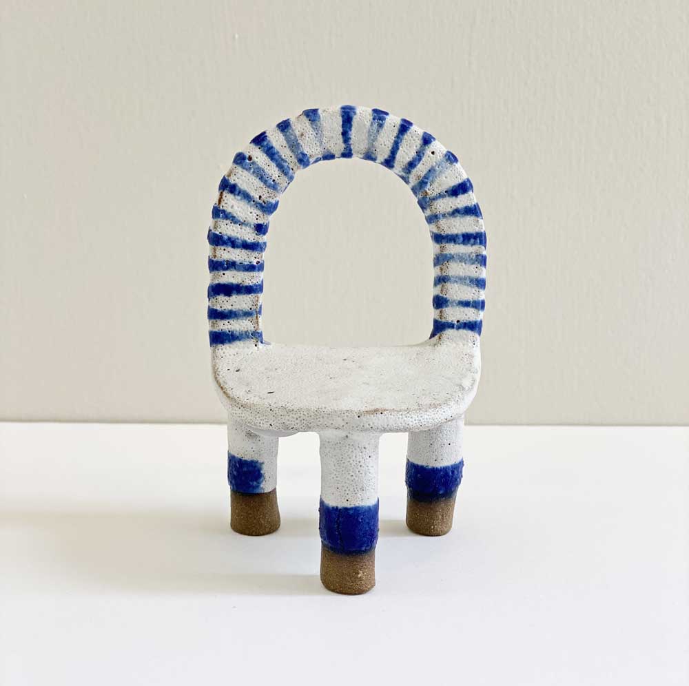 Blue and white ceramic chair by Keiko Matsui
